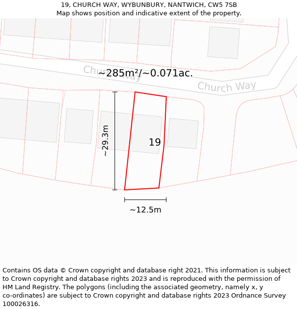 19, CHURCH WAY, WYBUNBURY, NANTWICH, CW5 7SB: Plot and title map