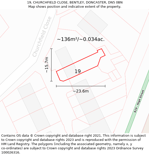 19, CHURCHFIELD CLOSE, BENTLEY, DONCASTER, DN5 0BN: Plot and title map