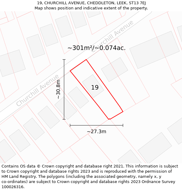 19, CHURCHILL AVENUE, CHEDDLETON, LEEK, ST13 7EJ: Plot and title map