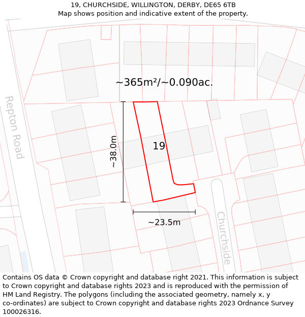 19, CHURCHSIDE, WILLINGTON, DERBY, DE65 6TB: Plot and title map