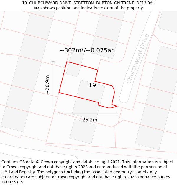 19, CHURCHWARD DRIVE, STRETTON, BURTON-ON-TRENT, DE13 0AU: Plot and title map