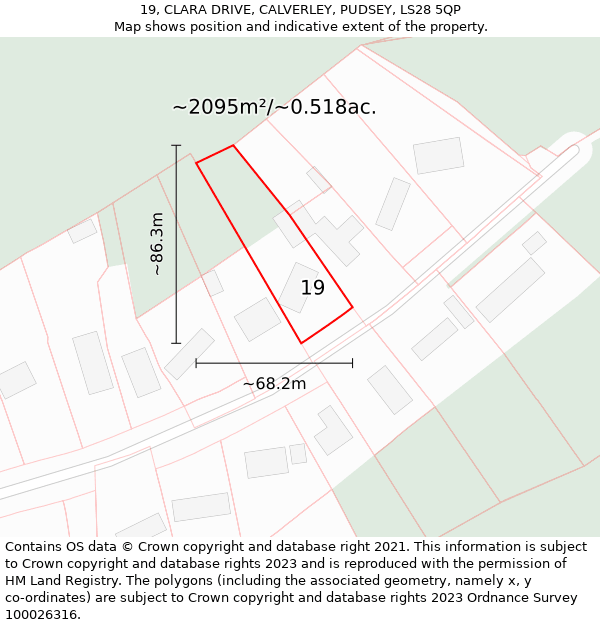 19, CLARA DRIVE, CALVERLEY, PUDSEY, LS28 5QP: Plot and title map