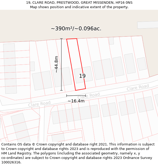 19, CLARE ROAD, PRESTWOOD, GREAT MISSENDEN, HP16 0NS: Plot and title map