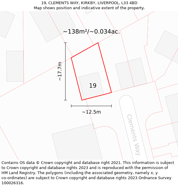 19, CLEMENTS WAY, KIRKBY, LIVERPOOL, L33 4BD: Plot and title map