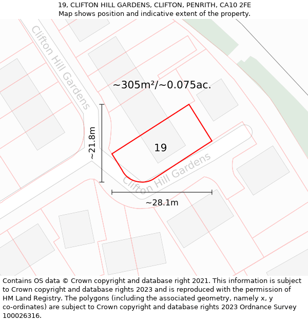 19, CLIFTON HILL GARDENS, CLIFTON, PENRITH, CA10 2FE: Plot and title map