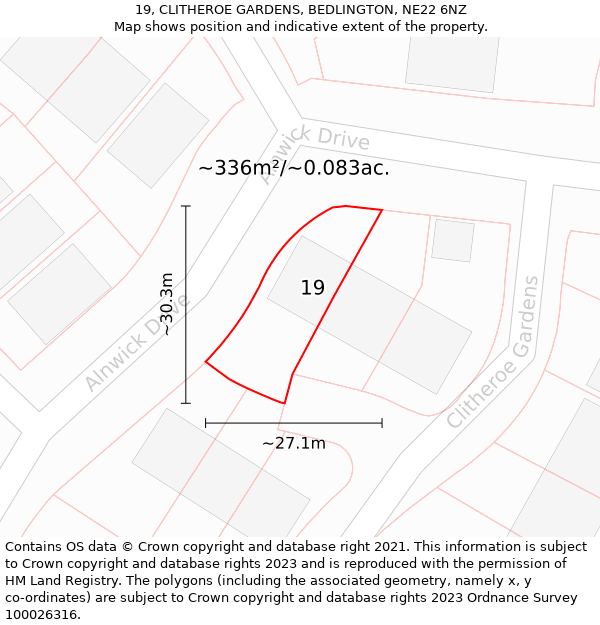 19, CLITHEROE GARDENS, BEDLINGTON, NE22 6NZ: Plot and title map