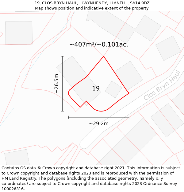 19, CLOS BRYN HAUL, LLWYNHENDY, LLANELLI, SA14 9DZ: Plot and title map