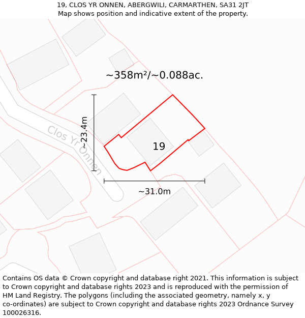 19, CLOS YR ONNEN, ABERGWILI, CARMARTHEN, SA31 2JT: Plot and title map