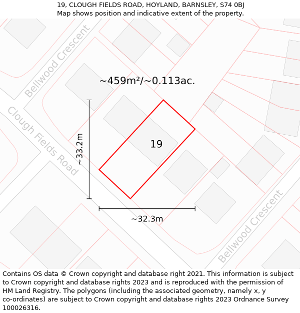 19, CLOUGH FIELDS ROAD, HOYLAND, BARNSLEY, S74 0BJ: Plot and title map