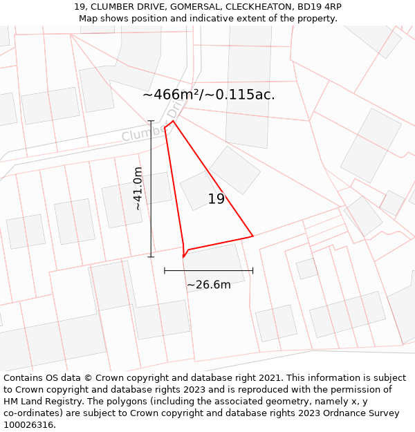 19, CLUMBER DRIVE, GOMERSAL, CLECKHEATON, BD19 4RP: Plot and title map