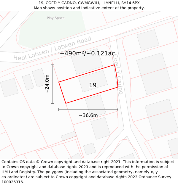 19, COED Y CADNO, CWMGWILI, LLANELLI, SA14 6PX: Plot and title map