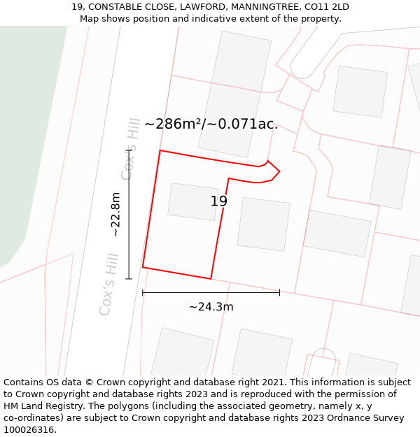 19, CONSTABLE CLOSE, LAWFORD, MANNINGTREE, CO11 2LD: Plot and title map