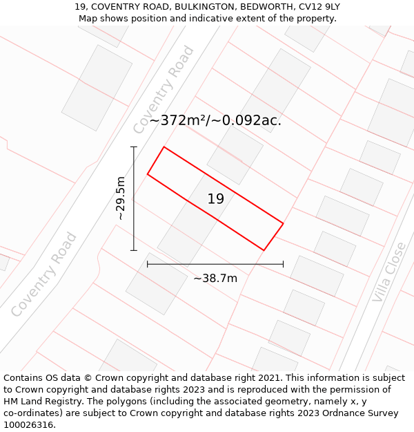 19, COVENTRY ROAD, BULKINGTON, BEDWORTH, CV12 9LY: Plot and title map