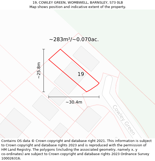 19, COWLEY GREEN, WOMBWELL, BARNSLEY, S73 0LB: Plot and title map