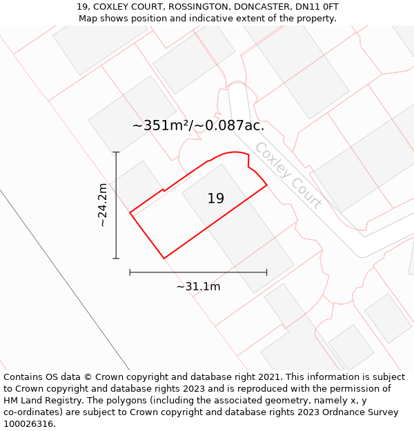 19, COXLEY COURT, ROSSINGTON, DONCASTER, DN11 0FT: Plot and title map