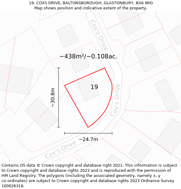 19, COXS DRIVE, BALTONSBOROUGH, GLASTONBURY, BA6 8RG: Plot and title map