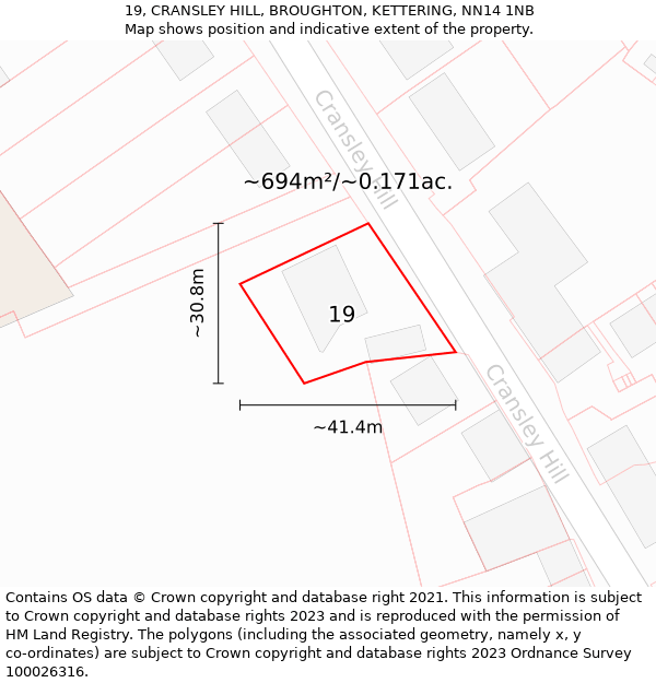 19, CRANSLEY HILL, BROUGHTON, KETTERING, NN14 1NB: Plot and title map