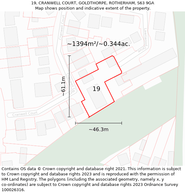 19, CRANWELL COURT, GOLDTHORPE, ROTHERHAM, S63 9GA: Plot and title map