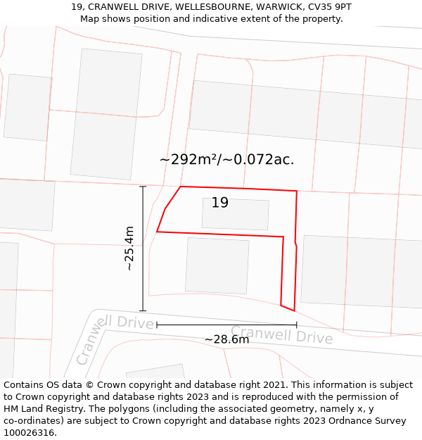 19, CRANWELL DRIVE, WELLESBOURNE, WARWICK, CV35 9PT: Plot and title map