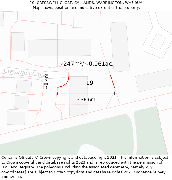 19, CRESSWELL CLOSE, CALLANDS, WARRINGTON, WA5 9UA: Plot and title map