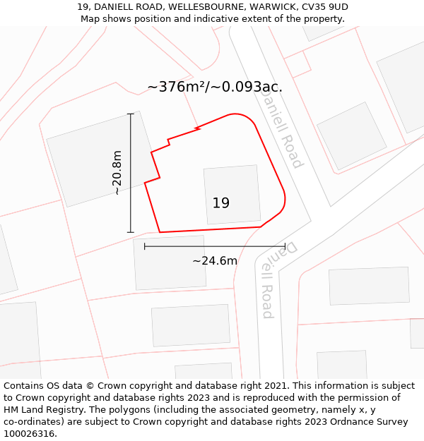 19, DANIELL ROAD, WELLESBOURNE, WARWICK, CV35 9UD: Plot and title map