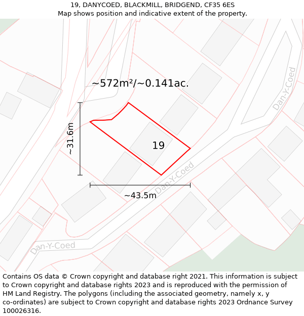 19, DANYCOED, BLACKMILL, BRIDGEND, CF35 6ES: Plot and title map