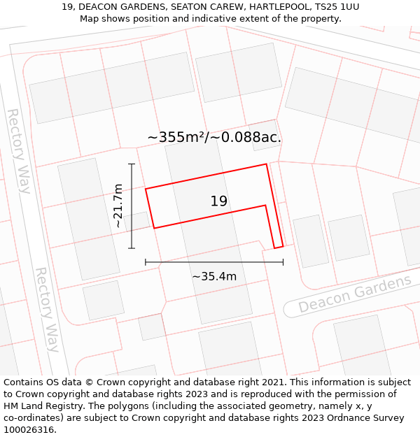 19, DEACON GARDENS, SEATON CAREW, HARTLEPOOL, TS25 1UU: Plot and title map