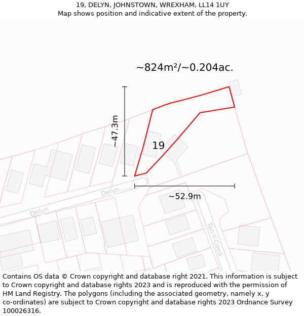 19, DELYN, JOHNSTOWN, WREXHAM, LL14 1UY: Plot and title map