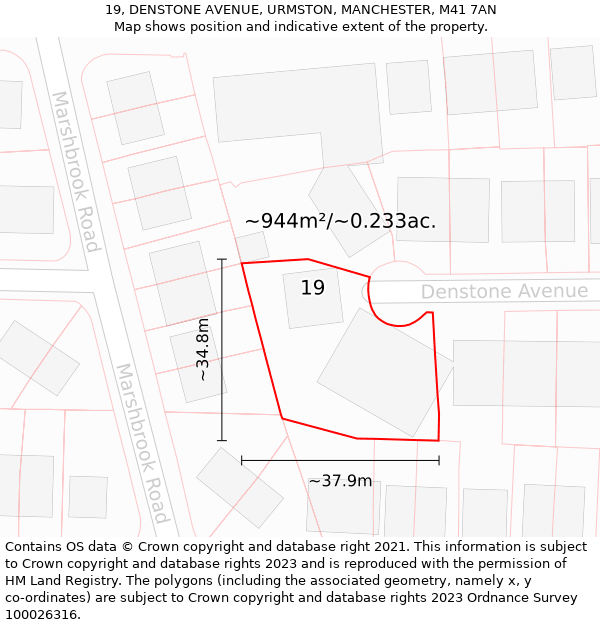 19, DENSTONE AVENUE, URMSTON, MANCHESTER, M41 7AN: Plot and title map