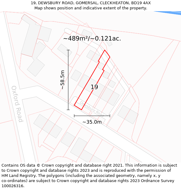 19, DEWSBURY ROAD, GOMERSAL, CLECKHEATON, BD19 4AX: Plot and title map