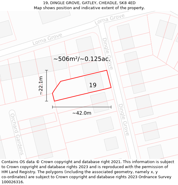 19, DINGLE GROVE, GATLEY, CHEADLE, SK8 4ED: Plot and title map