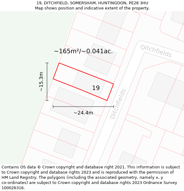 19, DITCHFIELD, SOMERSHAM, HUNTINGDON, PE28 3HU: Plot and title map