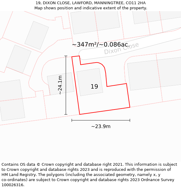 19, DIXON CLOSE, LAWFORD, MANNINGTREE, CO11 2HA: Plot and title map