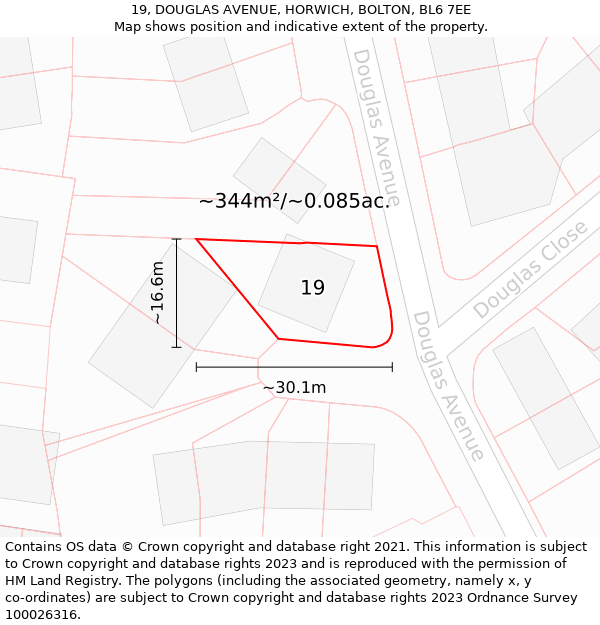 19, DOUGLAS AVENUE, HORWICH, BOLTON, BL6 7EE: Plot and title map