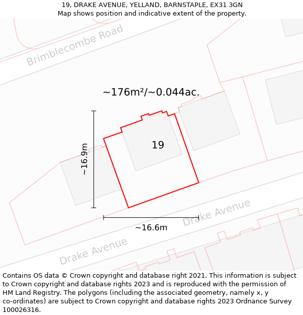 19, DRAKE AVENUE, YELLAND, BARNSTAPLE, EX31 3GN: Plot and title map