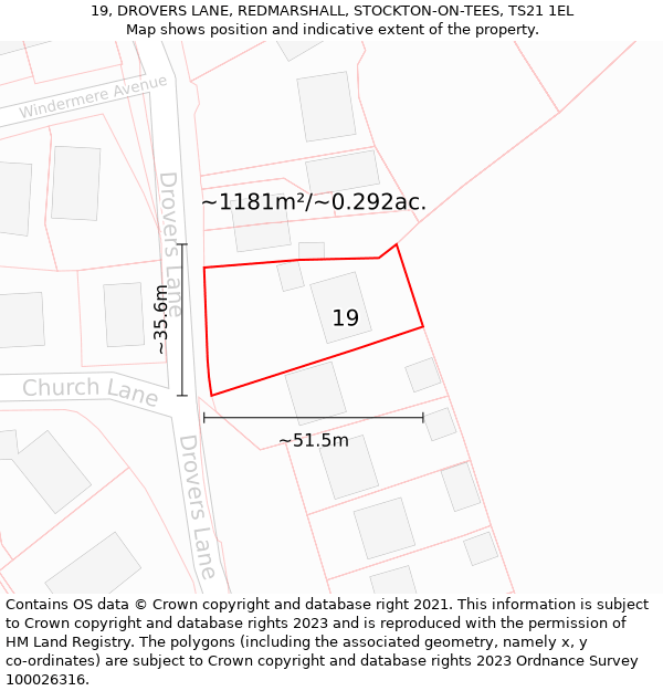 19, DROVERS LANE, REDMARSHALL, STOCKTON-ON-TEES, TS21 1EL: Plot and title map