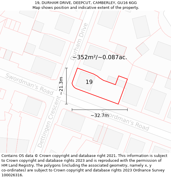 19, DURHAM DRIVE, DEEPCUT, CAMBERLEY, GU16 6GG: Plot and title map