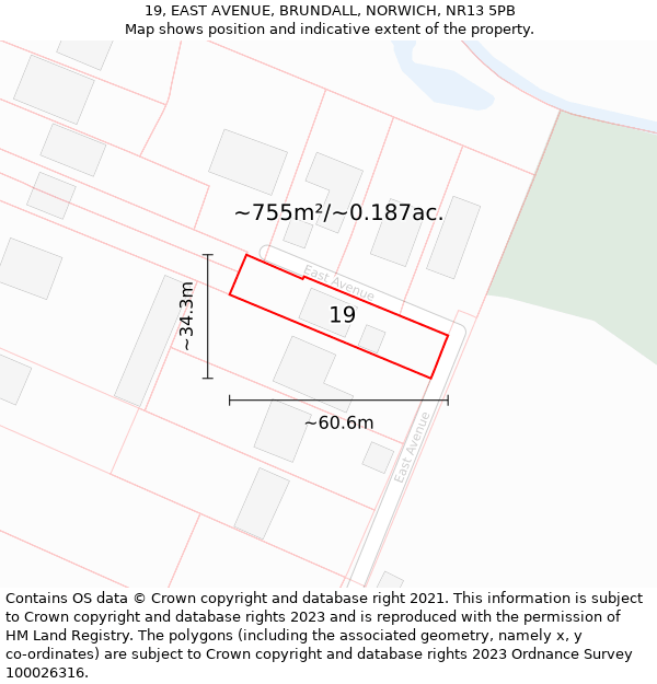 19, EAST AVENUE, BRUNDALL, NORWICH, NR13 5PB: Plot and title map