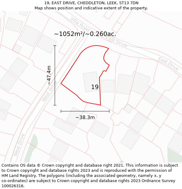 19, EAST DRIVE, CHEDDLETON, LEEK, ST13 7DN: Plot and title map