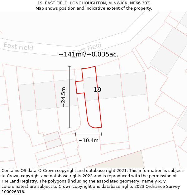 19, EAST FIELD, LONGHOUGHTON, ALNWICK, NE66 3BZ: Plot and title map