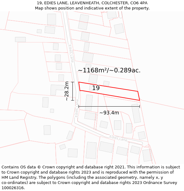 19, EDIES LANE, LEAVENHEATH, COLCHESTER, CO6 4PA: Plot and title map