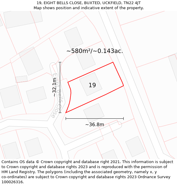 19, EIGHT BELLS CLOSE, BUXTED, UCKFIELD, TN22 4JT: Plot and title map