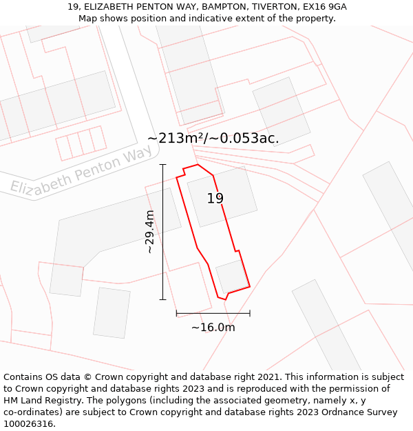 19, ELIZABETH PENTON WAY, BAMPTON, TIVERTON, EX16 9GA: Plot and title map