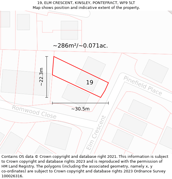 19, ELM CRESCENT, KINSLEY, PONTEFRACT, WF9 5LT: Plot and title map