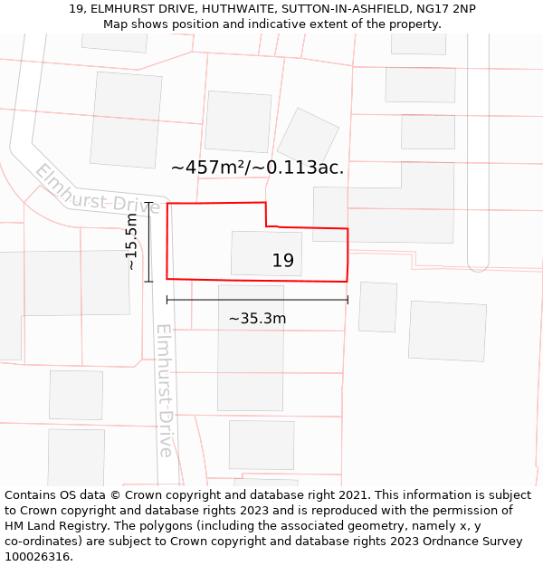 19, ELMHURST DRIVE, HUTHWAITE, SUTTON-IN-ASHFIELD, NG17 2NP: Plot and title map