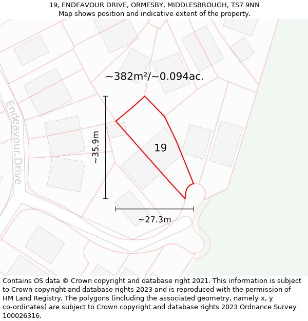 19, ENDEAVOUR DRIVE, ORMESBY, MIDDLESBROUGH, TS7 9NN: Plot and title map
