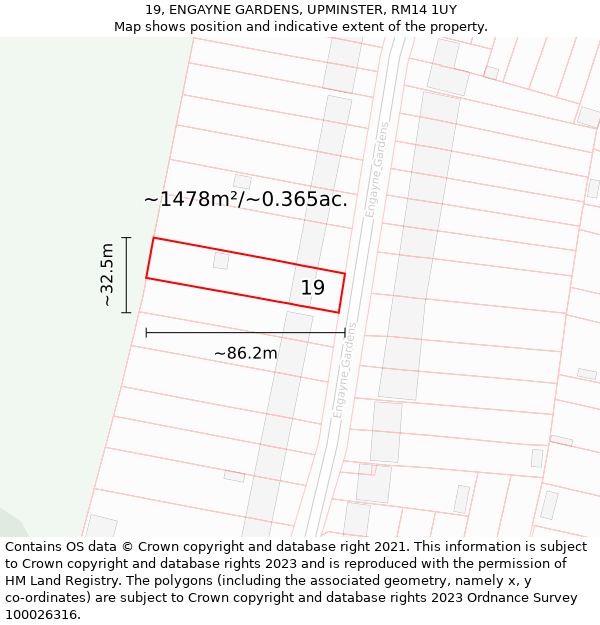 19, ENGAYNE GARDENS, UPMINSTER, RM14 1UY: Plot and title map