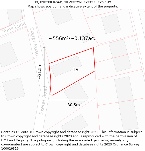 19, EXETER ROAD, SILVERTON, EXETER, EX5 4HX: Plot and title map