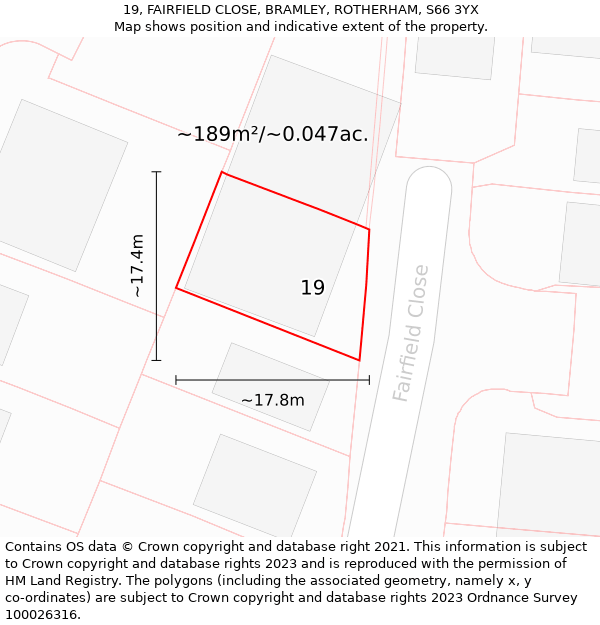 19, FAIRFIELD CLOSE, BRAMLEY, ROTHERHAM, S66 3YX: Plot and title map