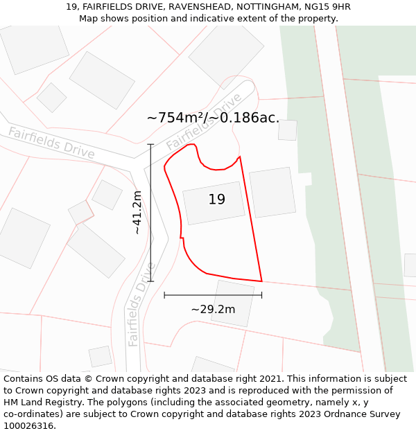 19, FAIRFIELDS DRIVE, RAVENSHEAD, NOTTINGHAM, NG15 9HR: Plot and title map